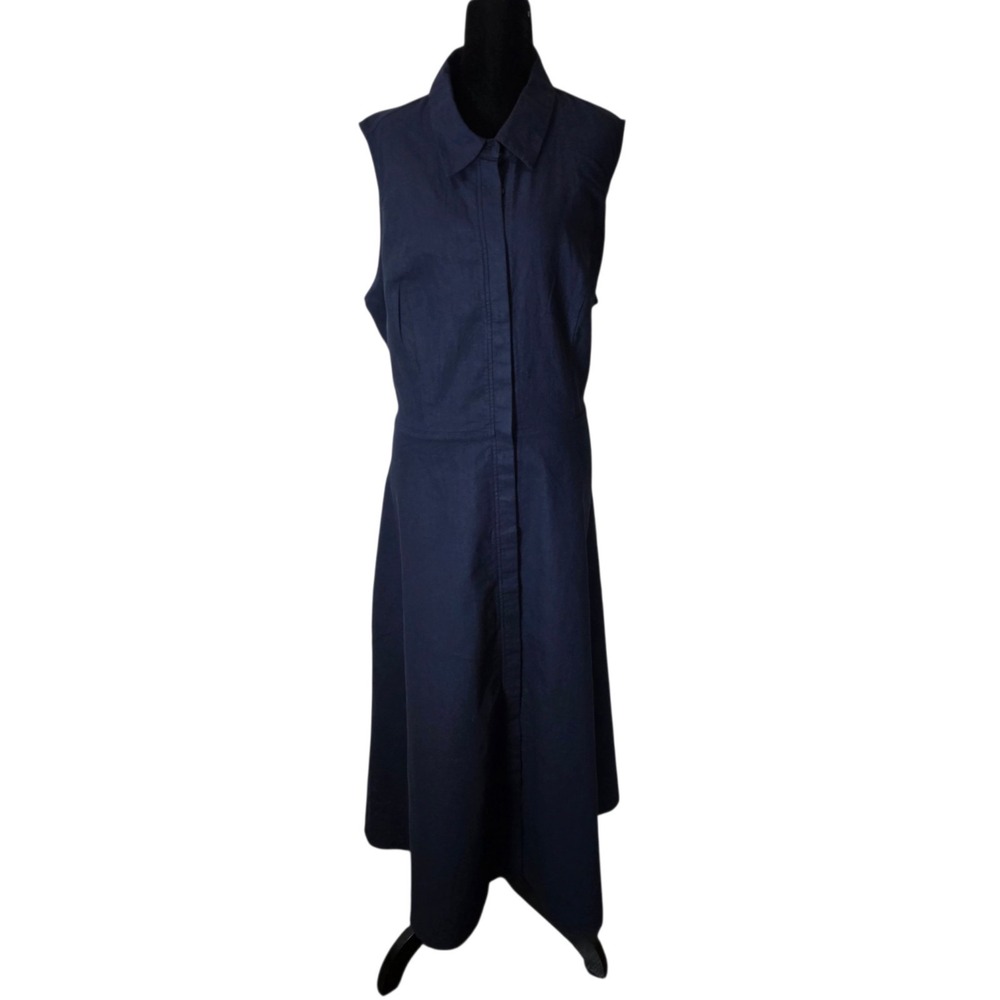 City Chic Womens 18 Navy Blue Linen Blend Belted Midi Shirt Dress NWT